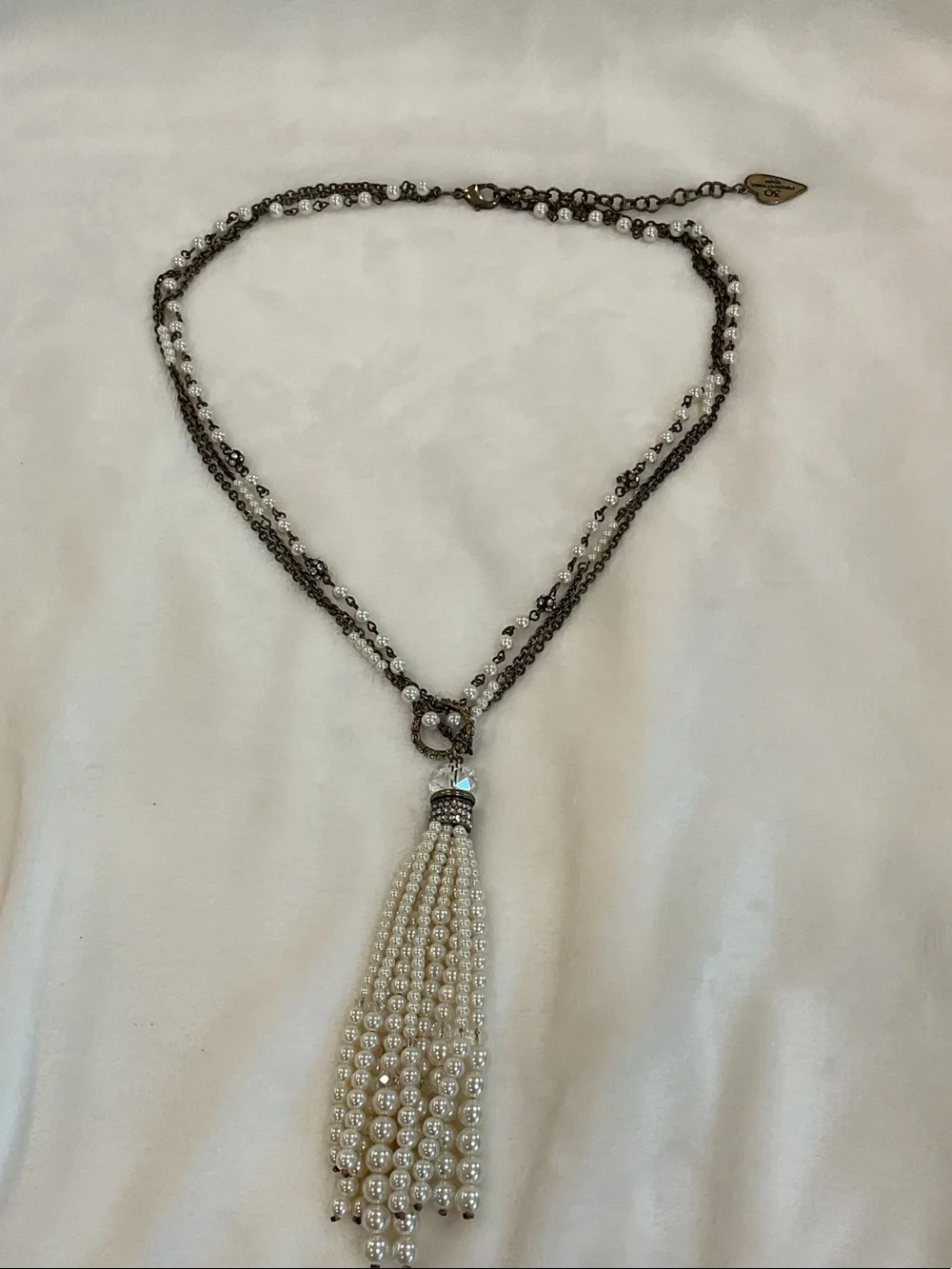 Chico's Cream Pearl Tassel Necklace with Antique Gold Chains